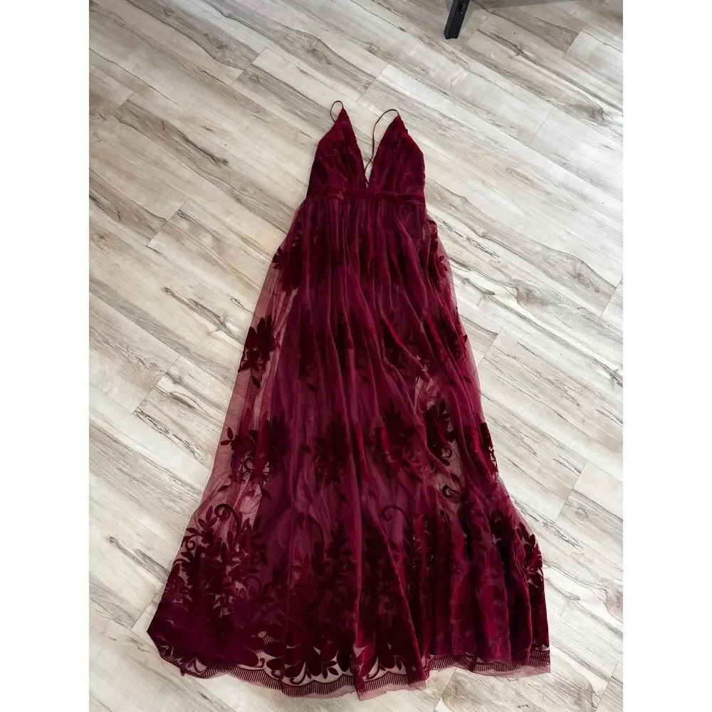 Windsor Burgundy Lace Maxi Dress S Deep V Prom Formal Wedding Guest Sexy - Picture 6 of 8